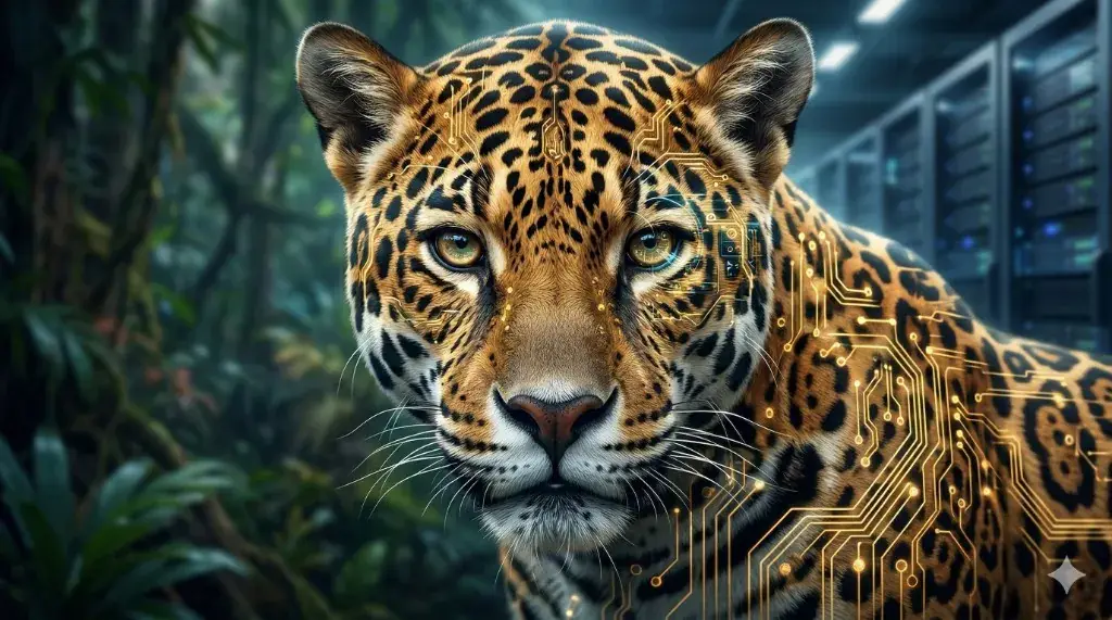 Onça-pintada na mata, em meia-luz